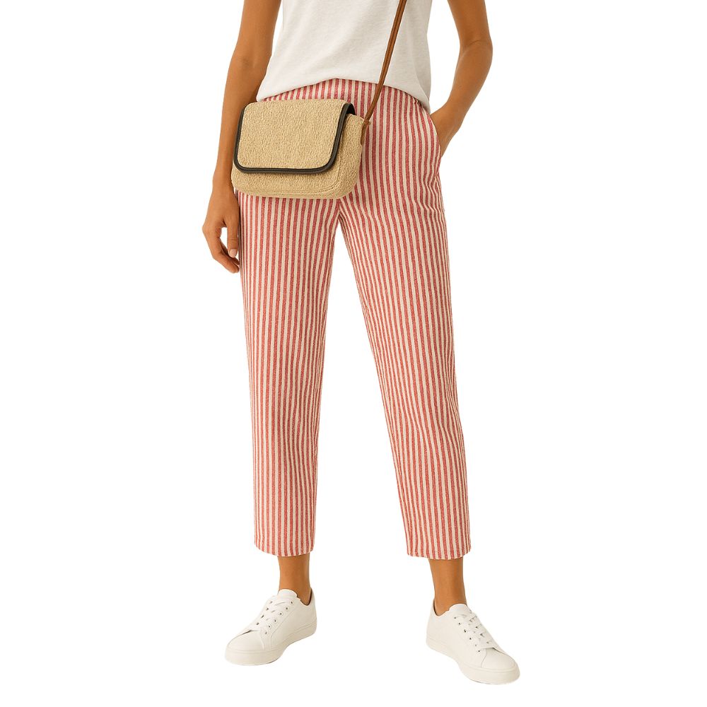 Patterned leisure trousers with elastic waistband and straight leg