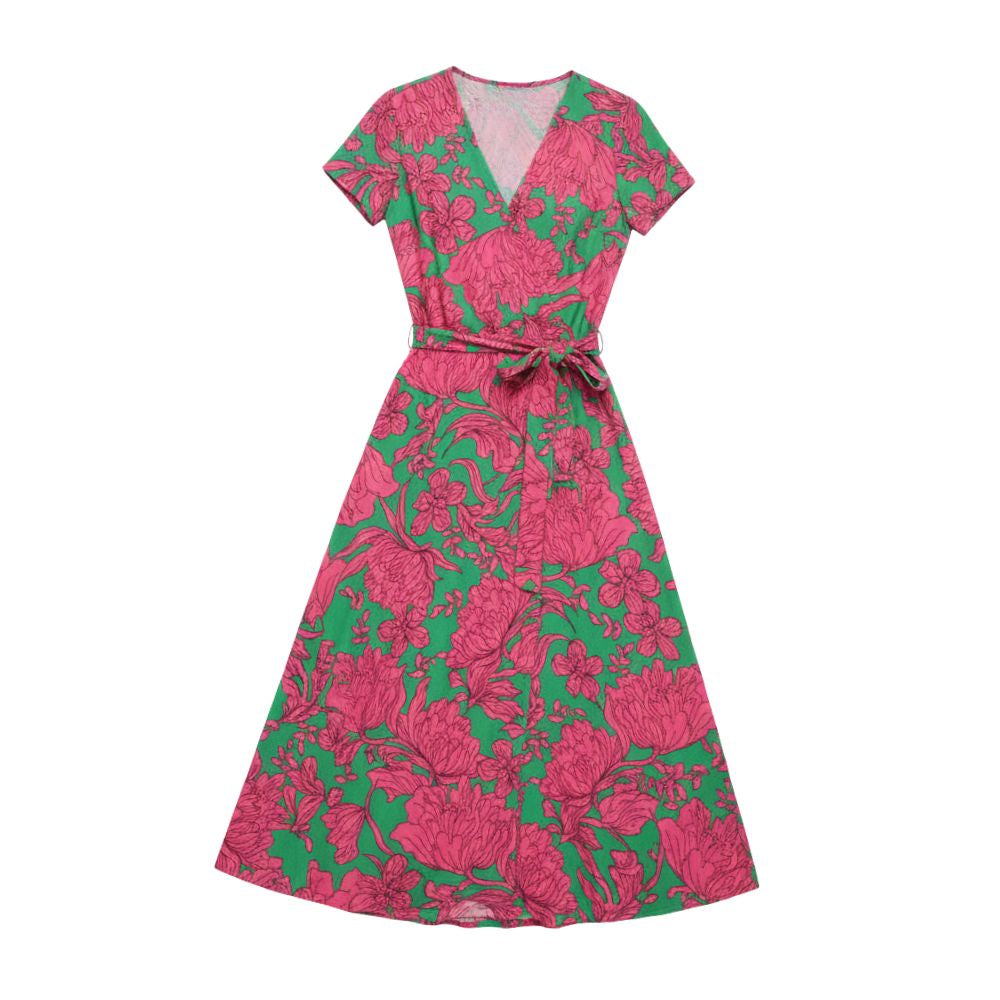 Sleeveless maxi dress with round neck and all-over pattern