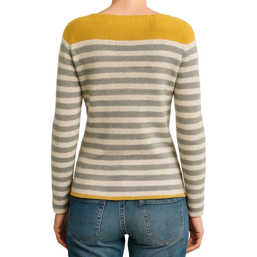 Sweater with striped pattern and color contrast at the neckline