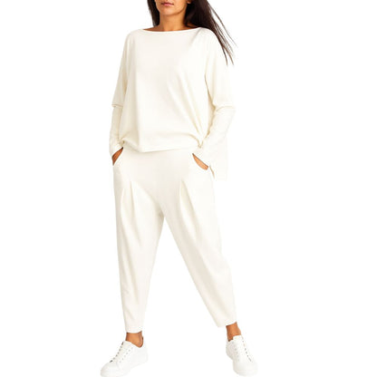Women’s Two-Piece Set with Wide-Neck Top and Tapered Trousers