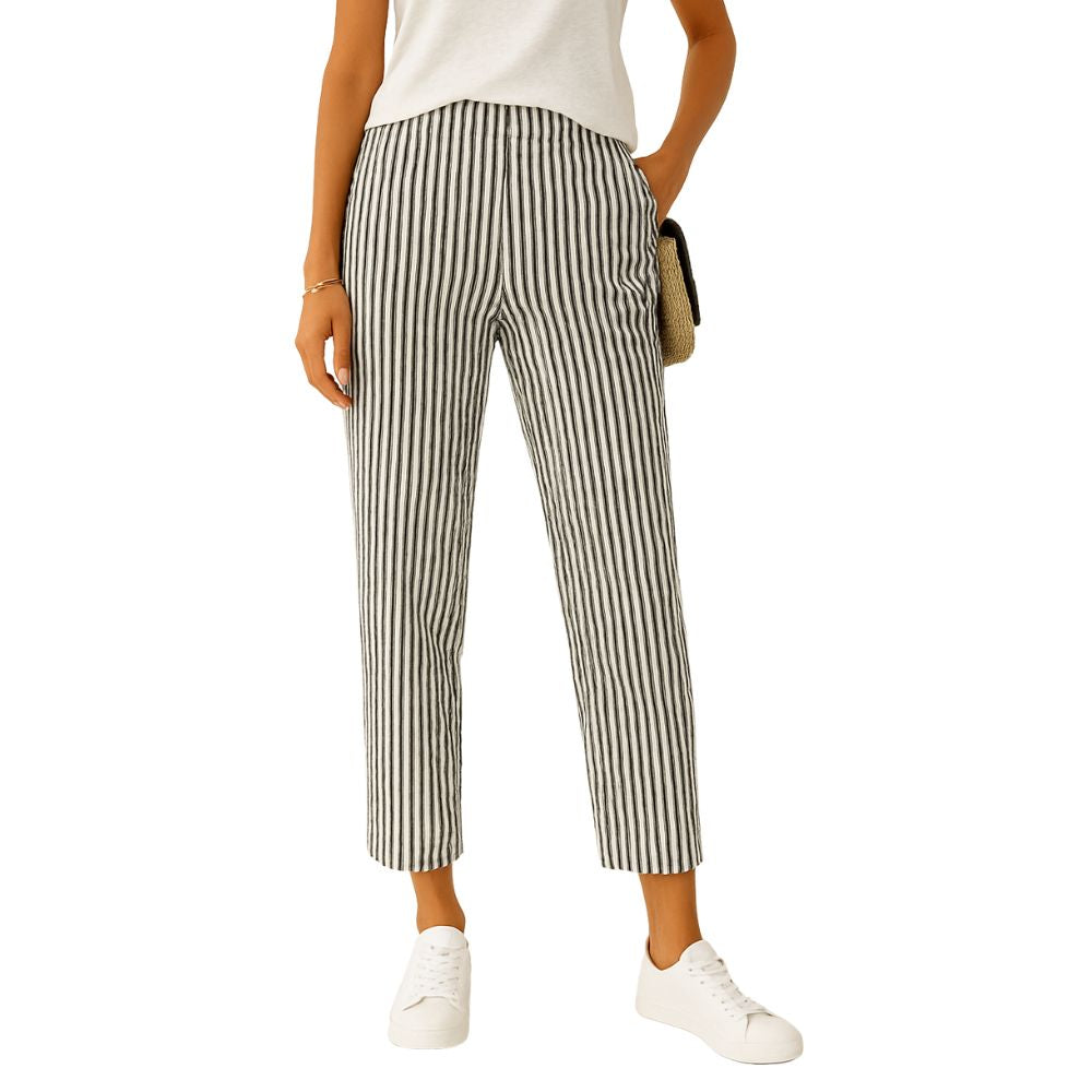 Patterned leisure trousers with elastic waistband and straight leg