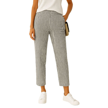 Patterned leisure trousers with elastic waistband and straight leg