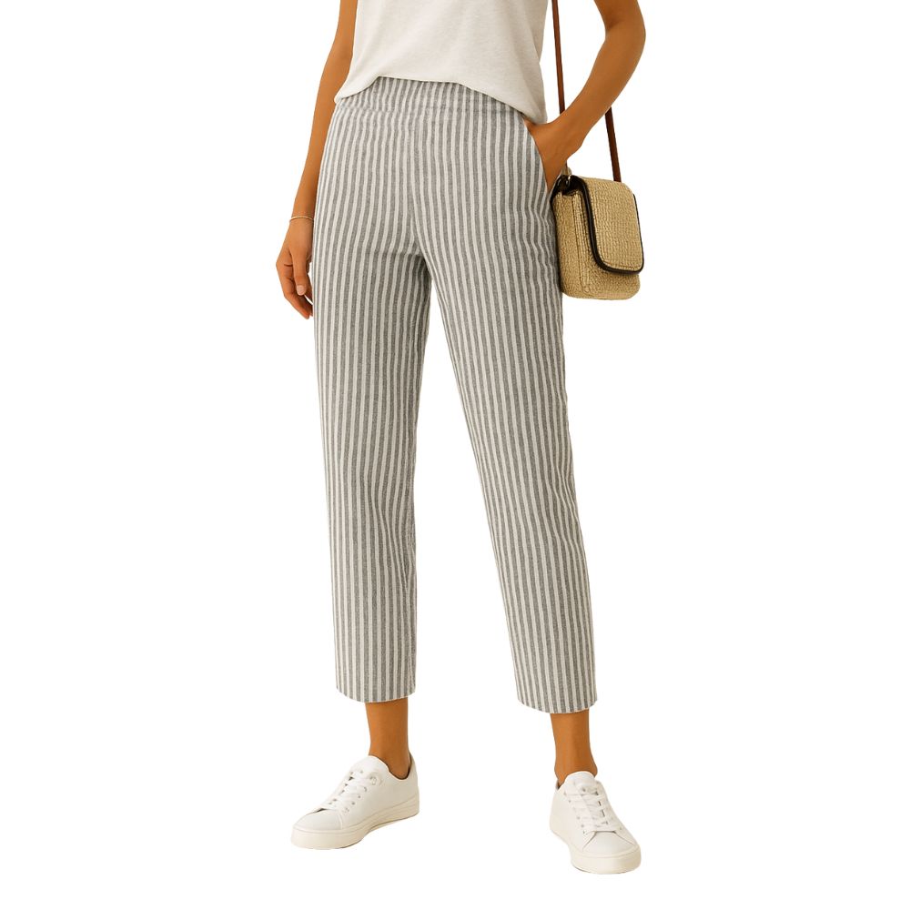 Patterned leisure trousers with elastic waistband and straight leg