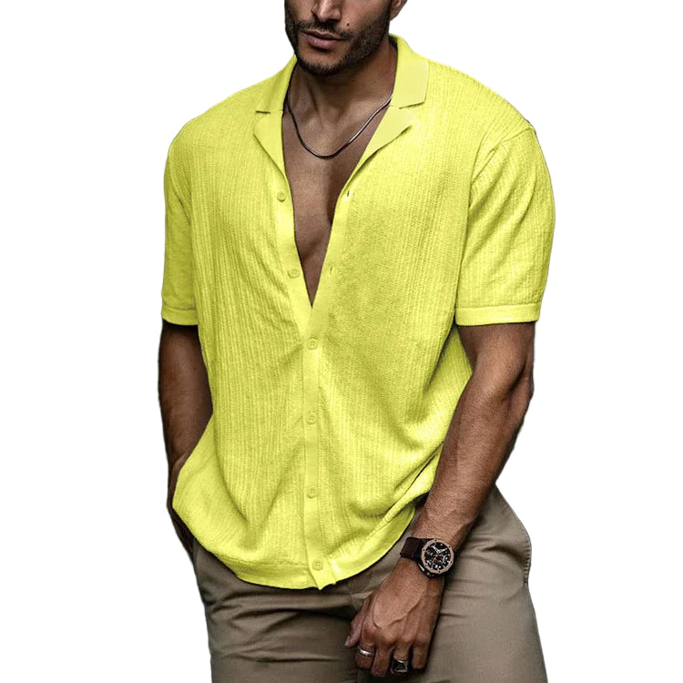 Men's short-sleeved shirt with a lapel collar and a textured surface