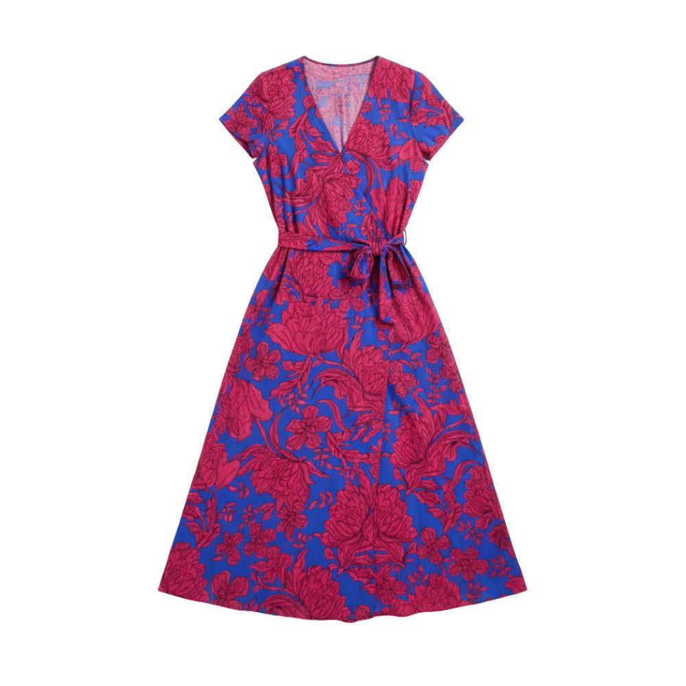 Sleeveless maxi dress with round neck and all-over pattern