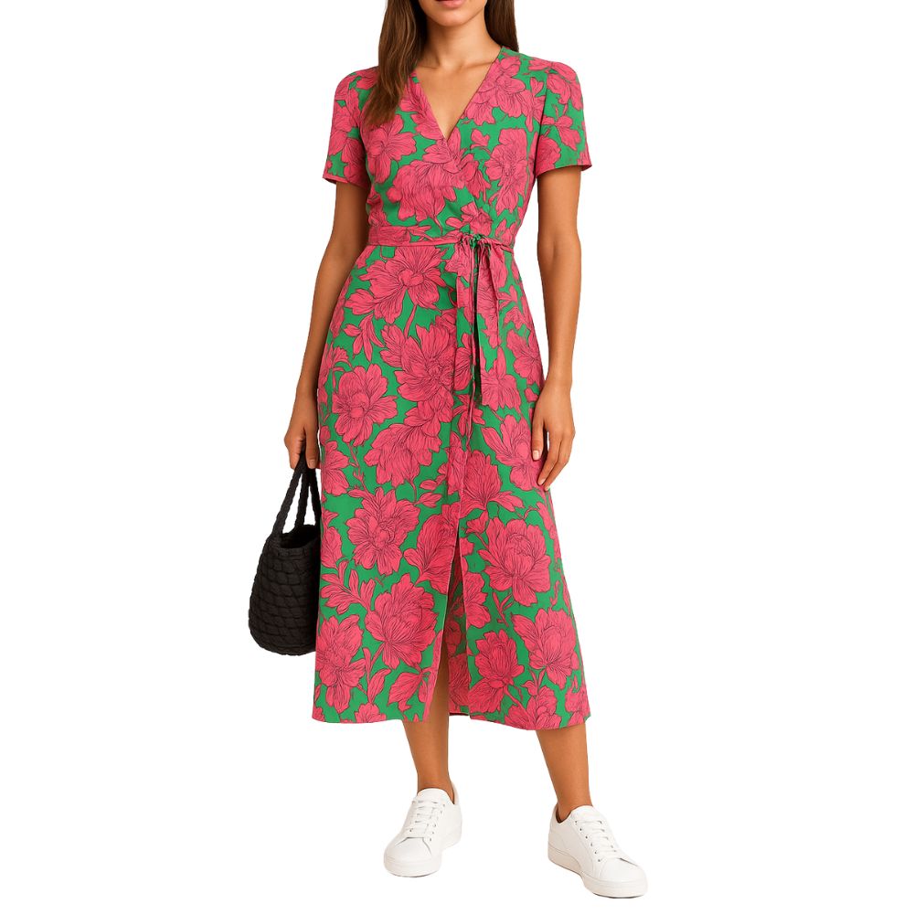 Sleeveless maxi dress with round neck and all-over pattern