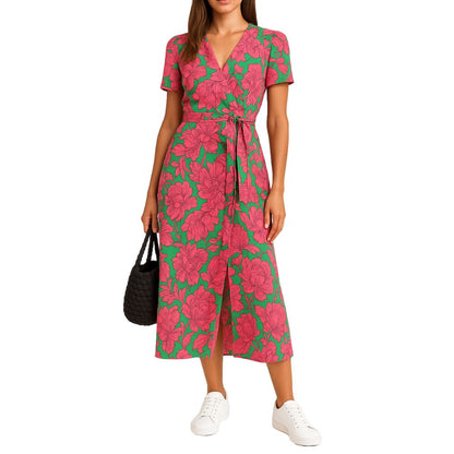 Sleeveless maxi dress with round neck and all-over pattern