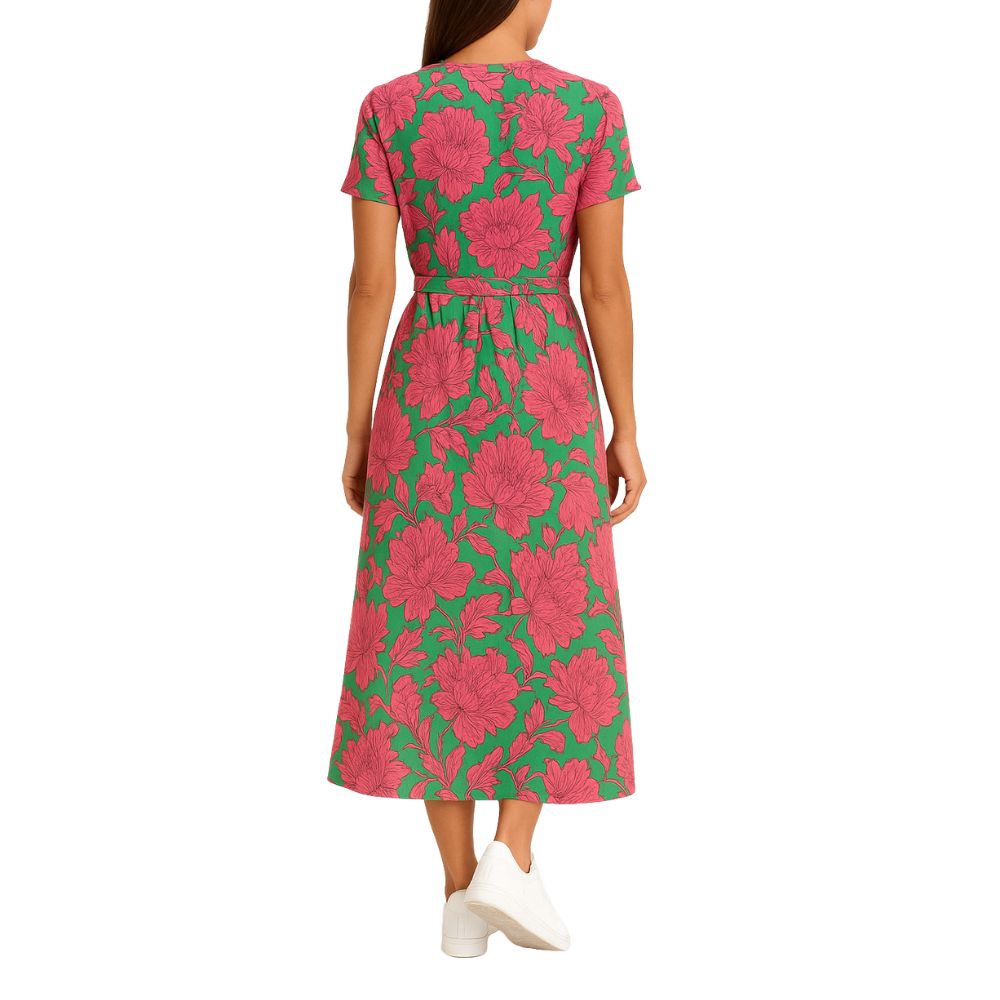 Sleeveless maxi dress with round neck and all-over pattern