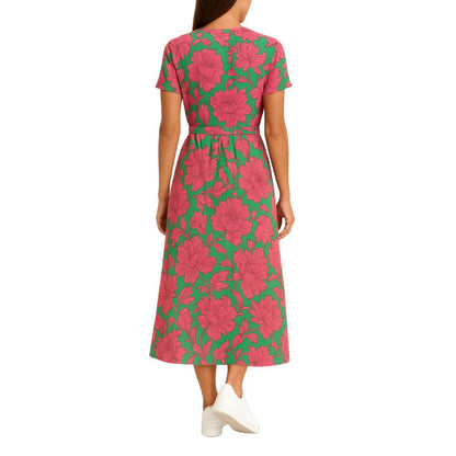 Sleeveless maxi dress with round neck and all-over pattern