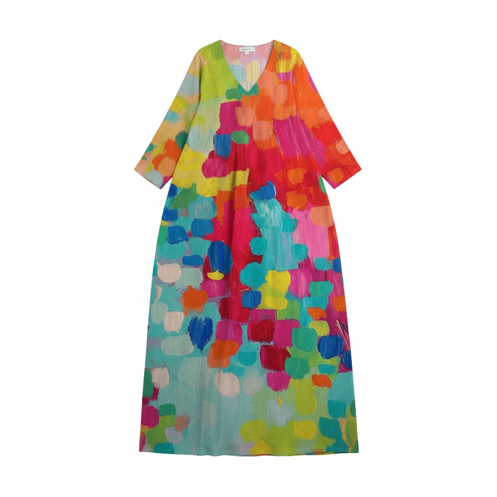 Women’s Long-Sleeve Dress with V-Neckline and Abstract Pattern