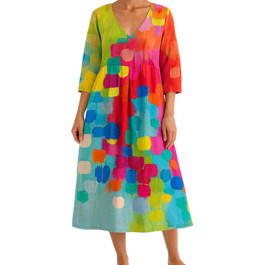 Women’s Long-Sleeve Dress with V-Neckline and Abstract Pattern