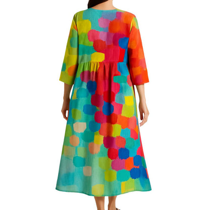 Women’s Long-Sleeve Dress with V-Neckline and Abstract Pattern