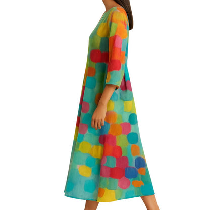 Women’s Long-Sleeve Dress with V-Neckline and Abstract Pattern