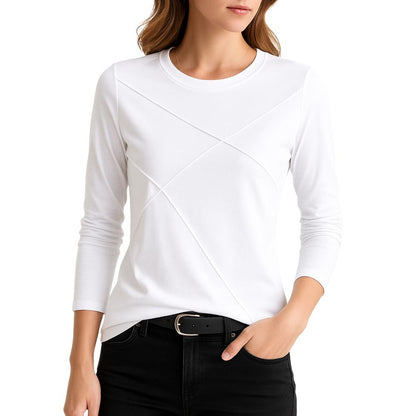 Women's long-sleeved shirt with round neck and decorative seams