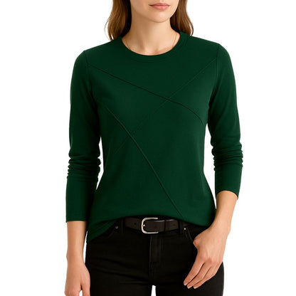 Women's long-sleeved shirt with round neck and decorative seams