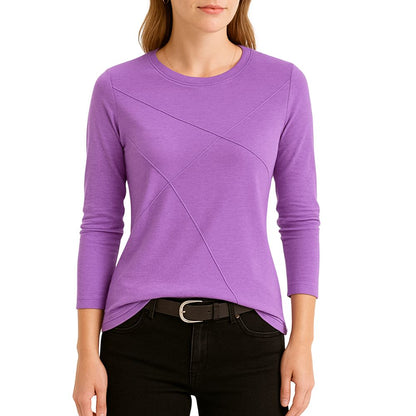 Women's long-sleeved shirt with round neck and decorative seams