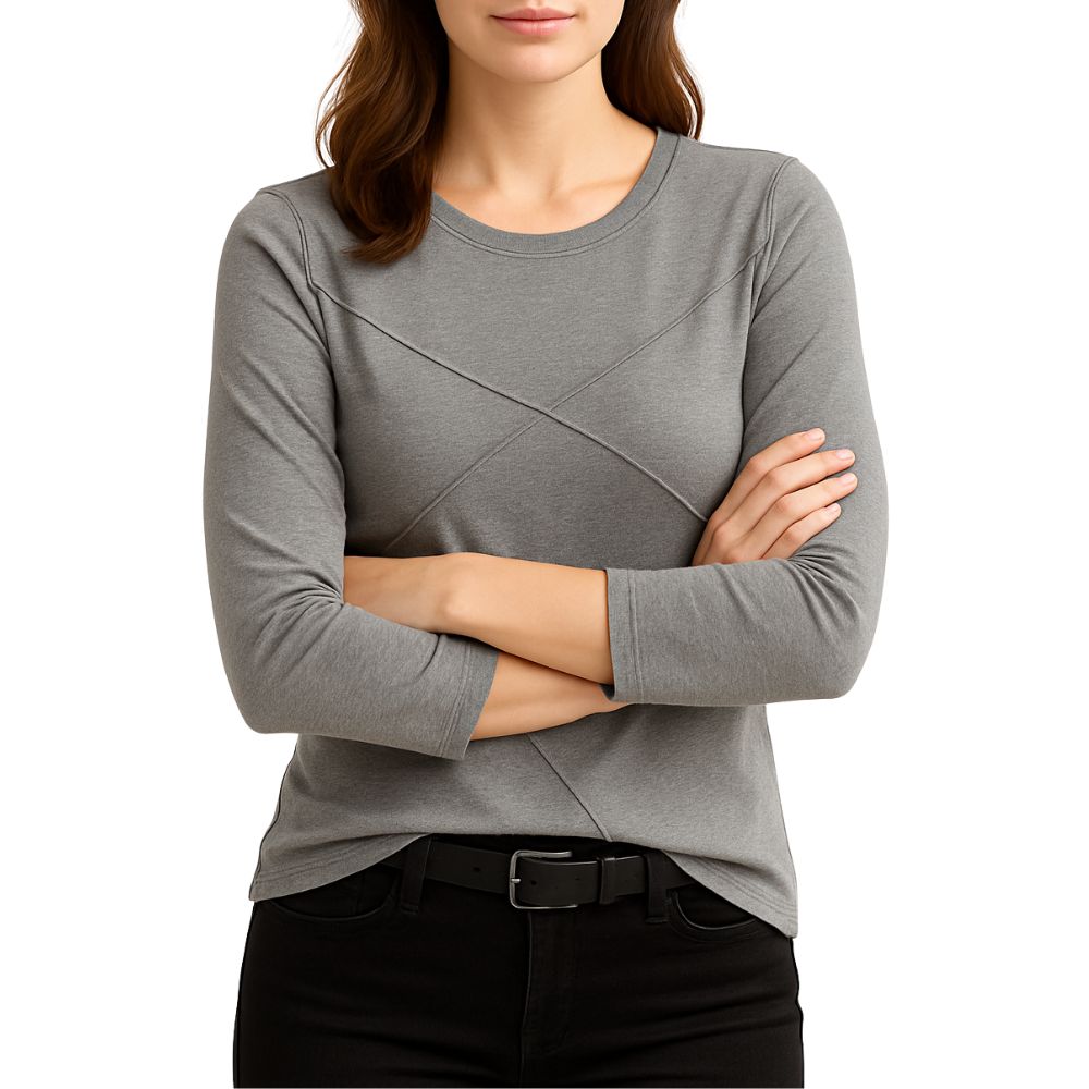 Women's long-sleeved shirt with round neck and decorative seams