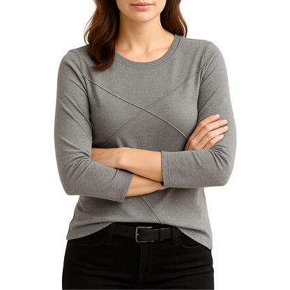 Women's long-sleeved shirt with round neck and decorative seams