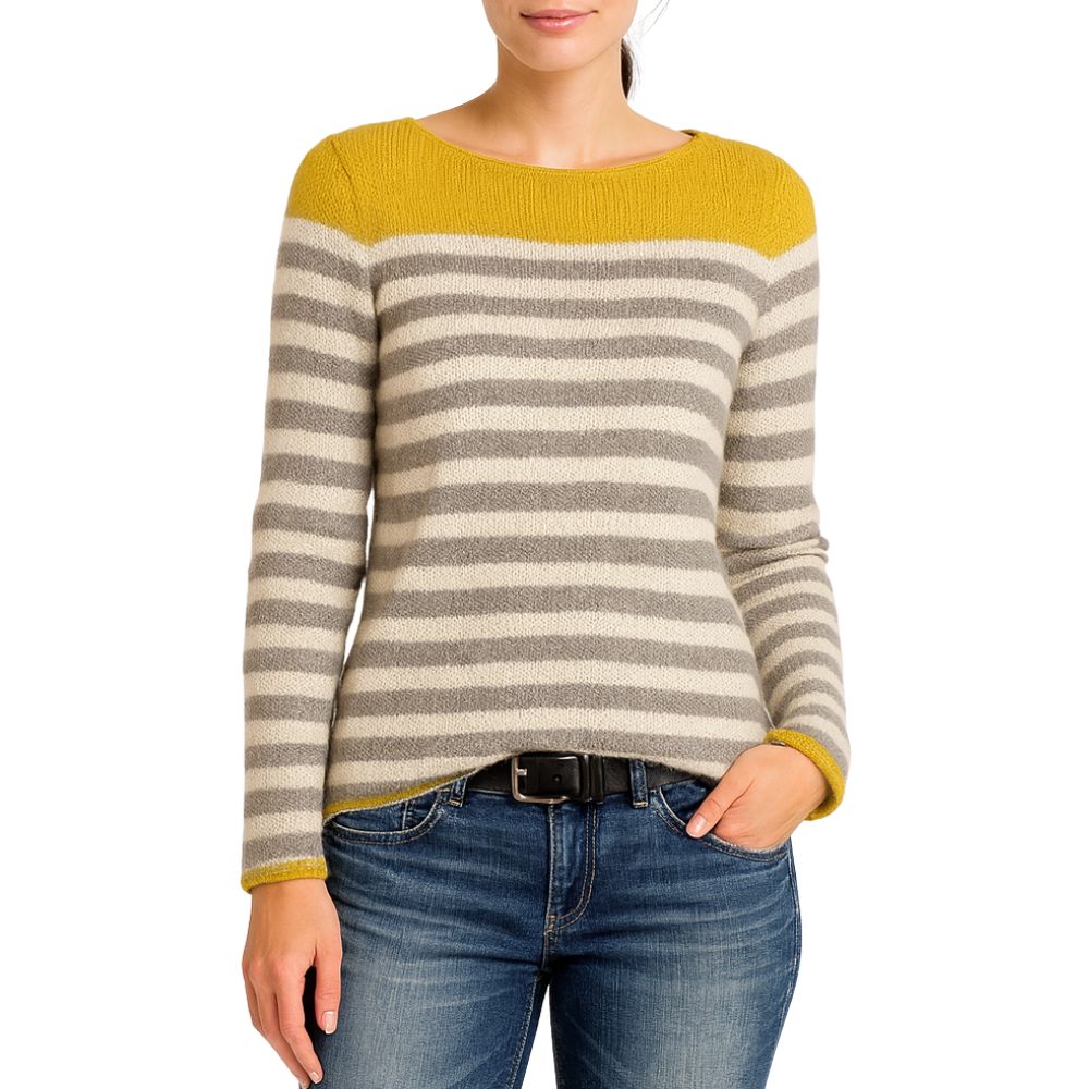 Sweater with striped pattern and color contrast at the neckline