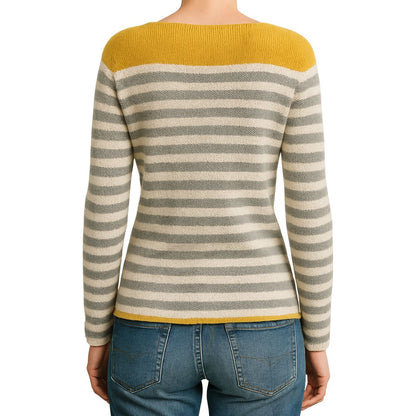 Sweater with striped pattern and color contrast at the neckline