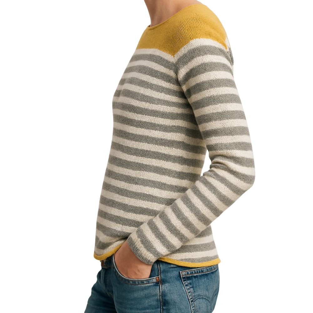 Sweater with striped pattern and color contrast at the neckline