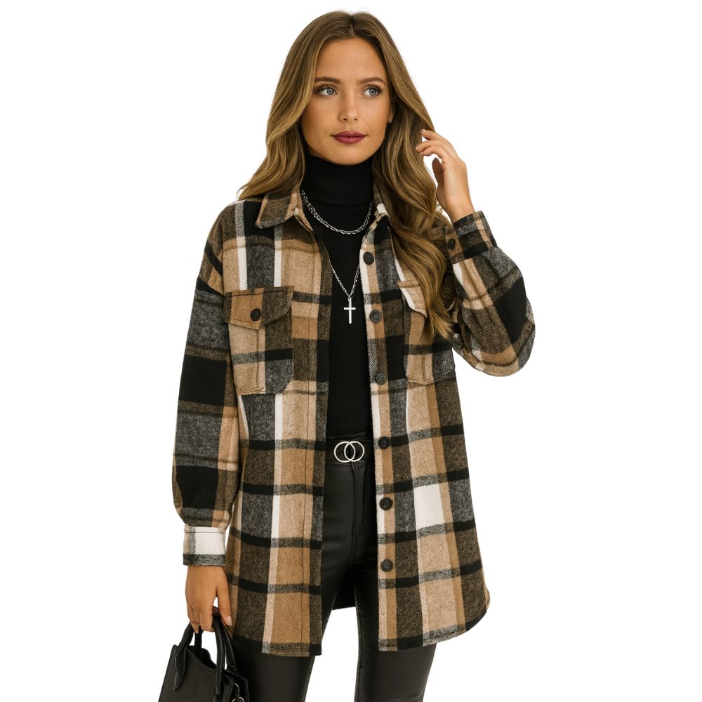 Checkered long-sleeved button-down shirt