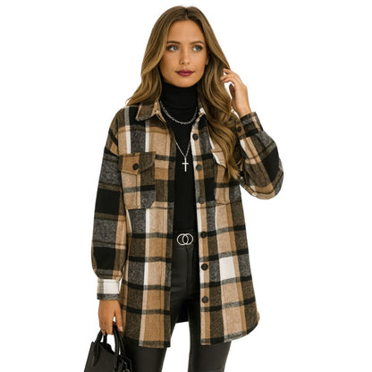 Checkered long-sleeved button-down shirt