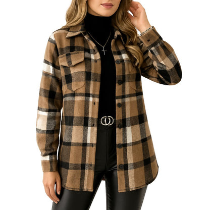 Checkered long-sleeved button-down shirt