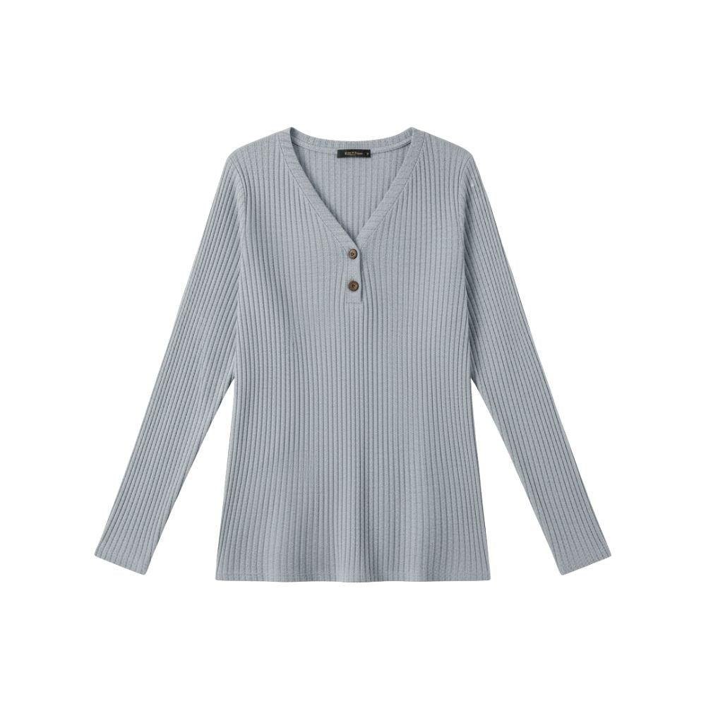 Knitted ribbed sweater with V-neck and buttons