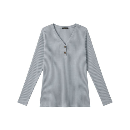 Knitted ribbed sweater with V-neck and buttons