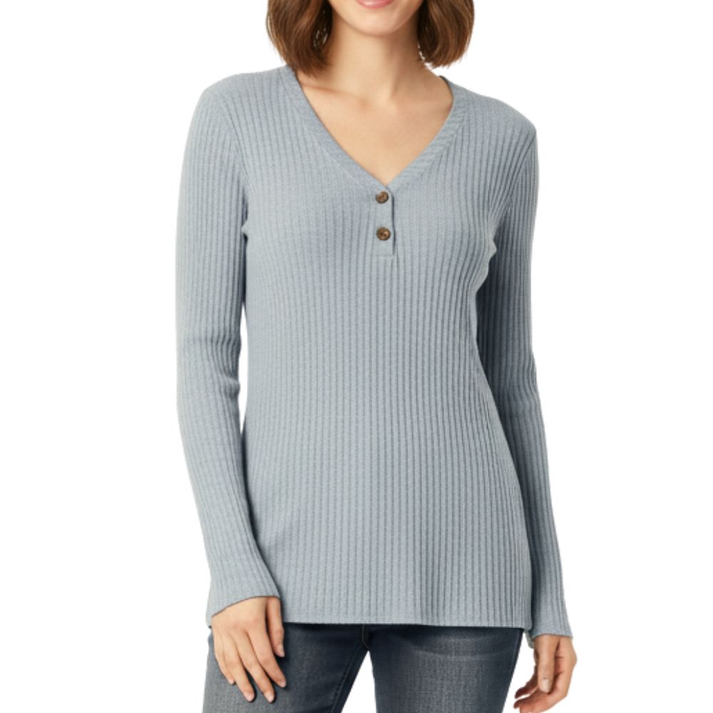 Knitted ribbed sweater with V-neck and buttons