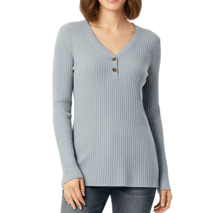 Knitted ribbed sweater with V-neck and buttons