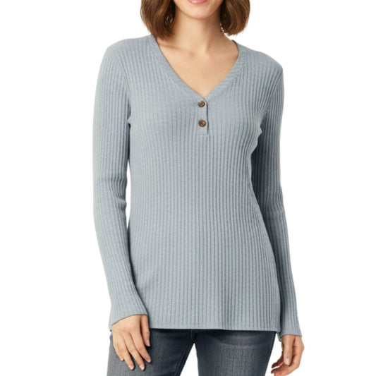 Knitted ribbed sweater with V-neck and buttons