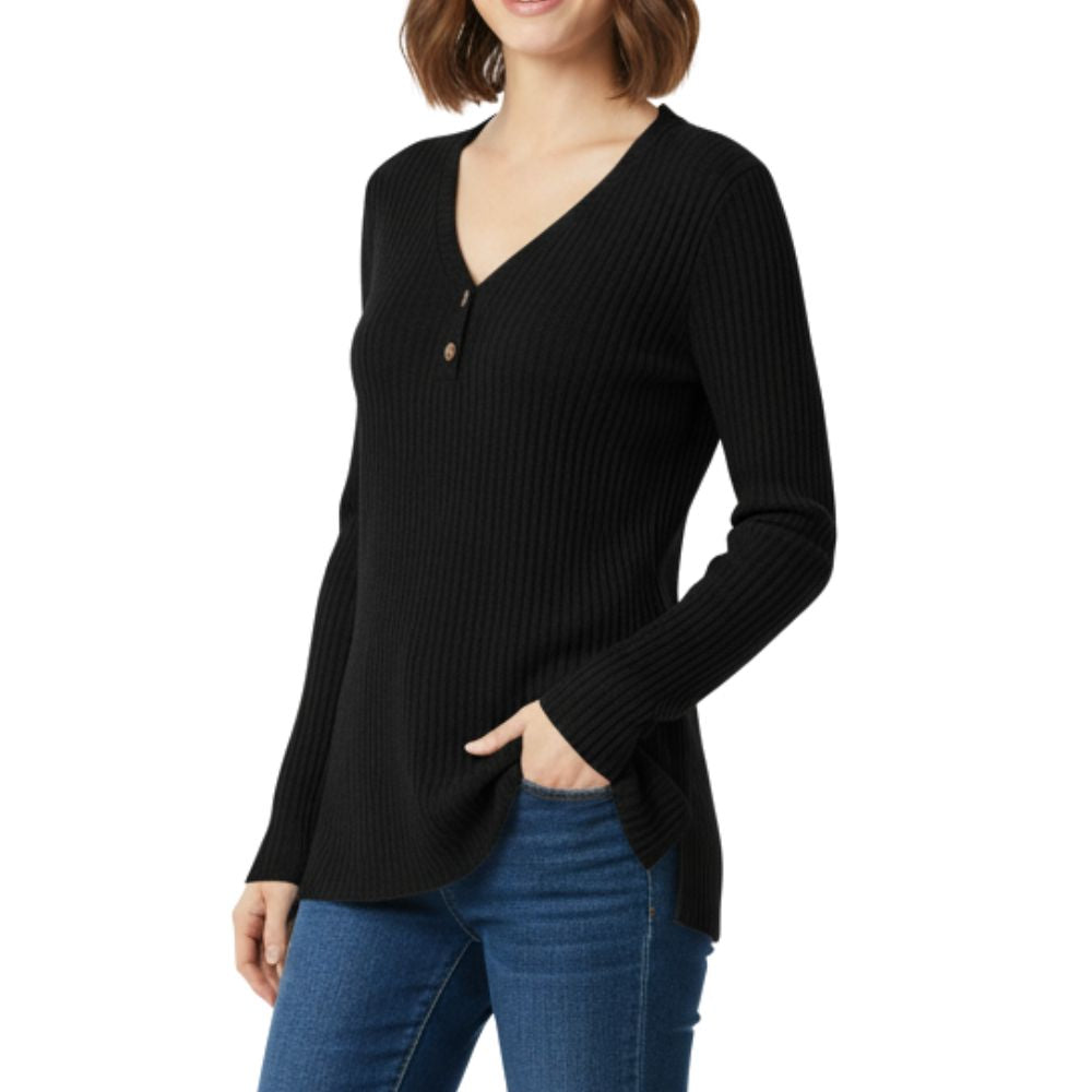 Knitted ribbed sweater with V-neck and buttons