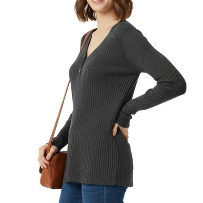 Knitted ribbed sweater with V-neck and buttons