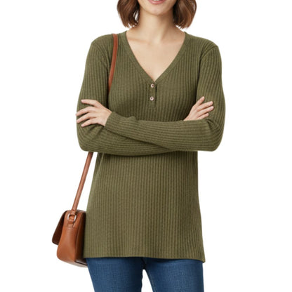 Knitted ribbed sweater with V-neck and buttons