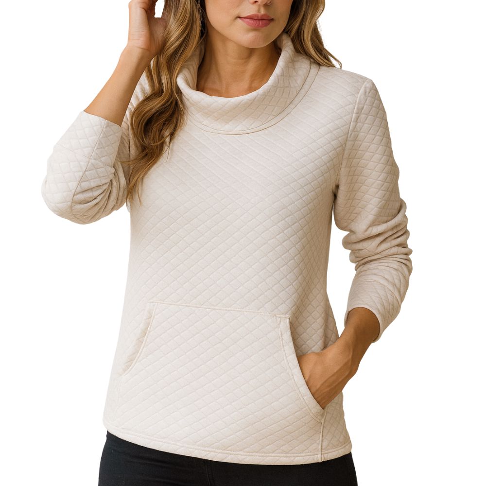 Long-sleeved top with quilted texture and raised collar