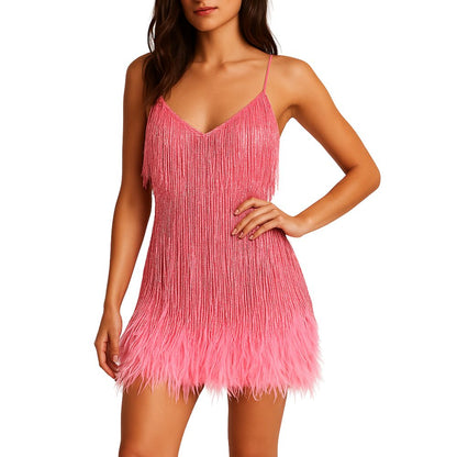 Evening dress with narrow straps and figure-hugging cut