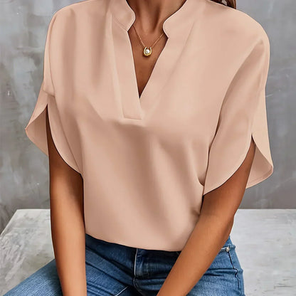 Short-sleeved top with V-neck and loose cut