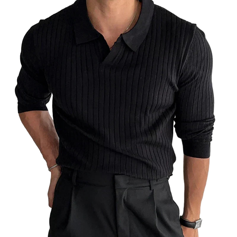 Ribbed long-sleeved shirt with polo collar and slim fit