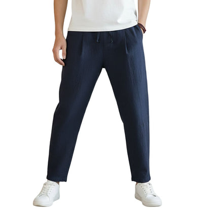 Lightweight men's leisure trousers with elastic waistband and straight cut