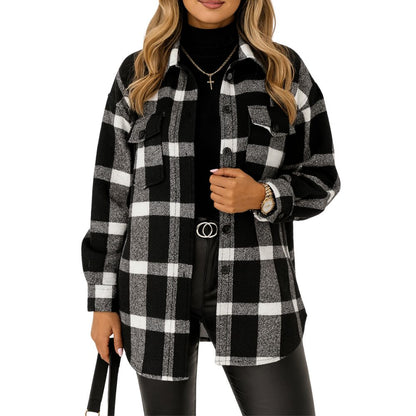 Checkered long-sleeved button-down shirt