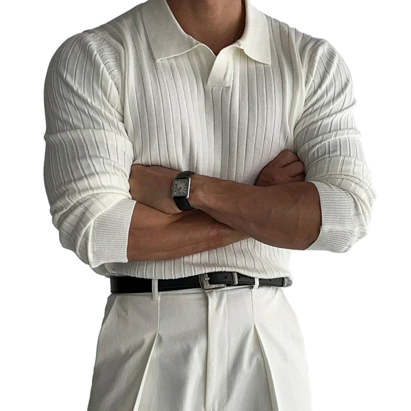 Ribbed long-sleeved shirt with polo collar and slim fit