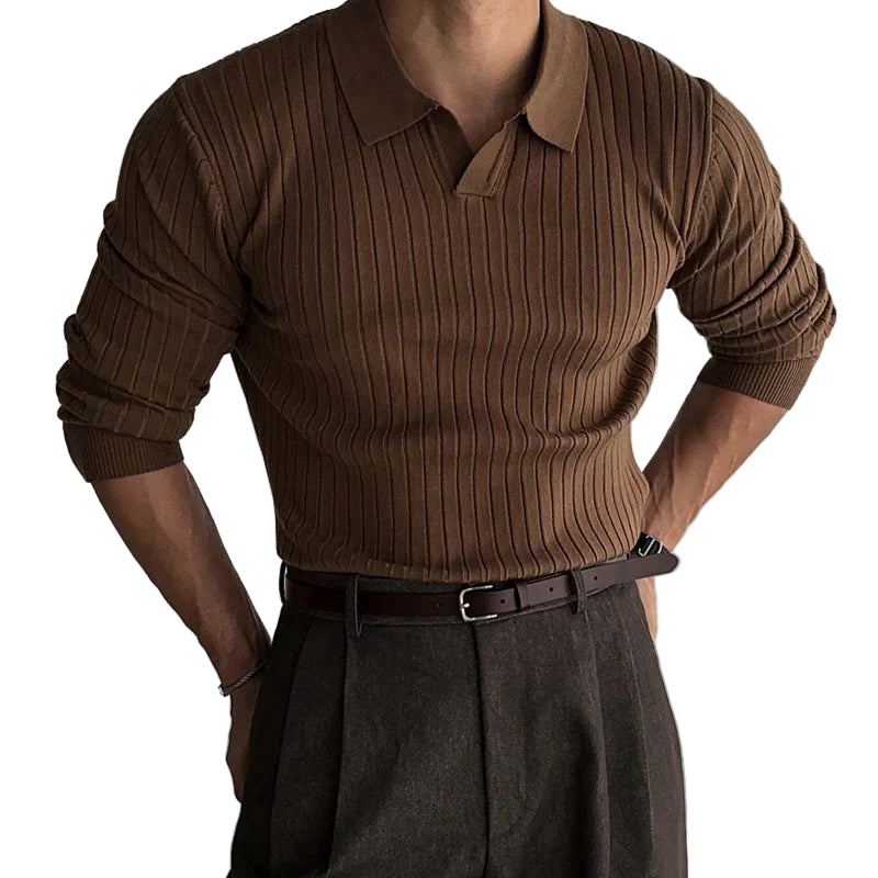 Ribbed long-sleeved shirt with polo collar and slim fit